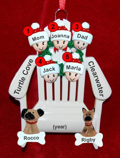 Family Christmas Ornament for 5 Relaxing in the Vacation Sun with 2 Dogs, Cats, Pets Custom Add-on Personalized by RussellRhodes.com