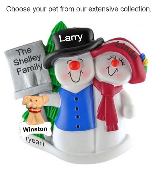 Top Hat Snow Family with Tree for 2 Christmas Ornament with Pets Personalized by RussellRhodes.com