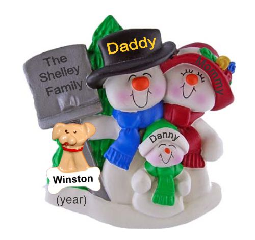 Family Christmas Ornament Top Hat Snow Fam of 3 with Pets Personalized by RussellRhodes.com