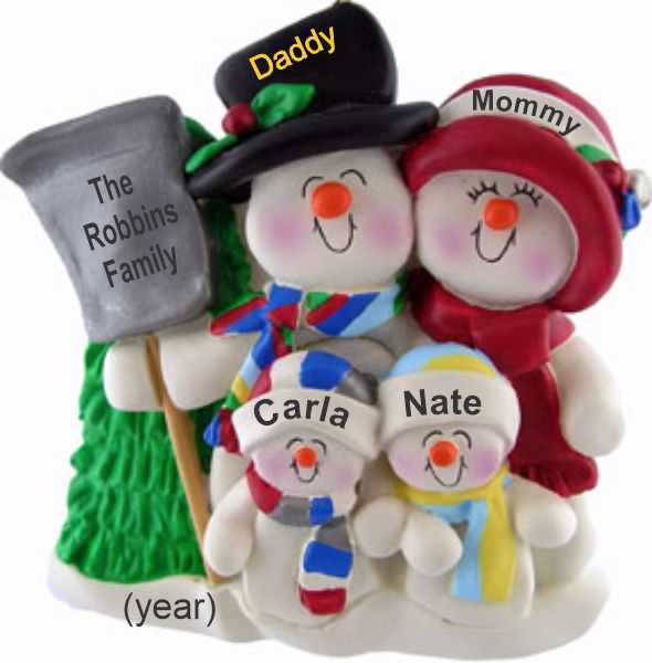 Top Hat Snow Family for 4 with Tree Christmas Ornament Personalized by Russell Rhodes