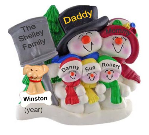 Family Christmas Ornament Top Hat Snow Fam of 5 with Pets Personalized by RussellRhodes.com