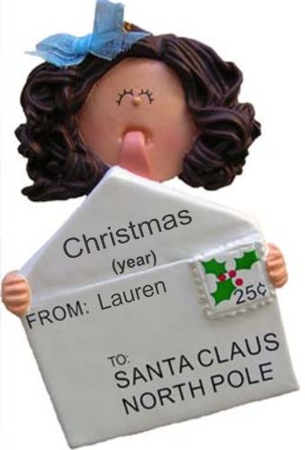 Letter to Santa from Girl Brown Hair Christmas Ornament Personalized by Russell Rhodes