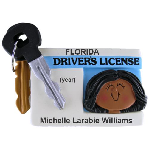 New Driver Female African American Christmas Ornament Personalized by Russell Rhodes