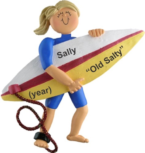 Personalized Surfin' USA Christmas Ornament Female Blond by Russell Rhodes