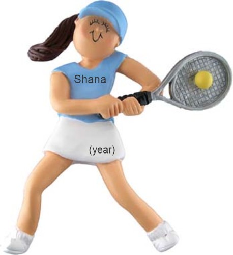 Tennis in Action Female Brown Hair Christmas Ornament Personalized by Russell Rhodes