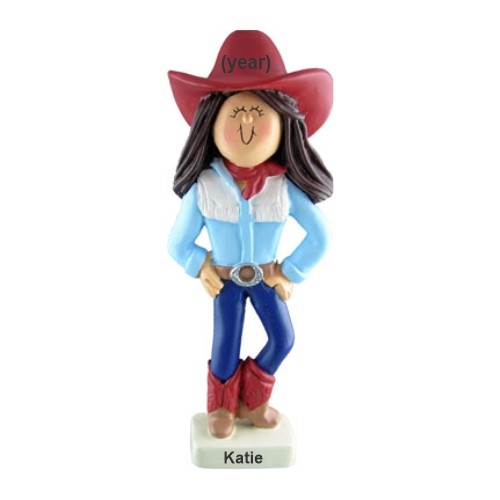 Cowgirl Christmas Brown Hair Christmas Ornament Personalized by Russell Rhodes