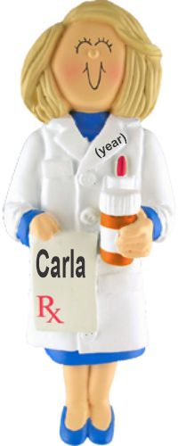 Pharmacist Female Blonde Hair Christmas Ornament Personalized by Russell Rhodes