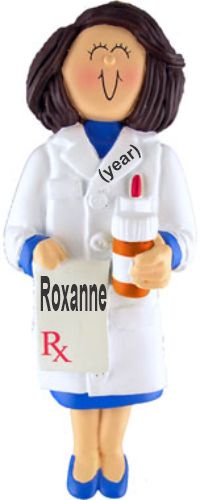 Pharmacist Female Brown Hair Christmas Ornament Personalized by Russell Rhodes