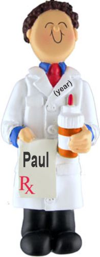 Pharmacist Male Brown Hair Christmas Ornament Personalized by Russell Rhodes