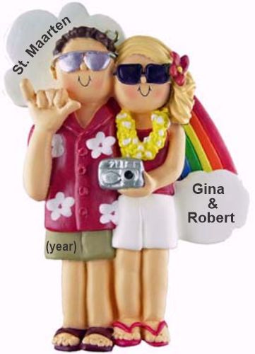 Vacation Couple, Male Brown Hair, Female Blonde Christmas Ornament Personalized by Russell Rhodes