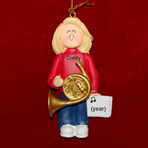 French Horn Virtuoso, Female Blonde Hair Personalized Christmas Ornament Personalized by RussellRhodes.com