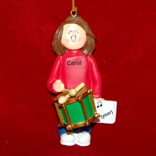 Drums Virtuoso, Female Brown Hair Christmas Ornament Personalized by Russell Rhodes