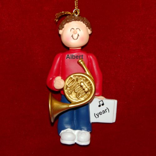 French Horn Virtuoso, Male Brown Hair Christmas Ornament Personalized by Russell Rhodes
