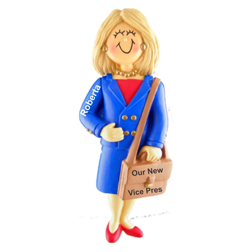Job Promotion Gift Female Blond Christmas Ornament Personalized by Russell Rhodes