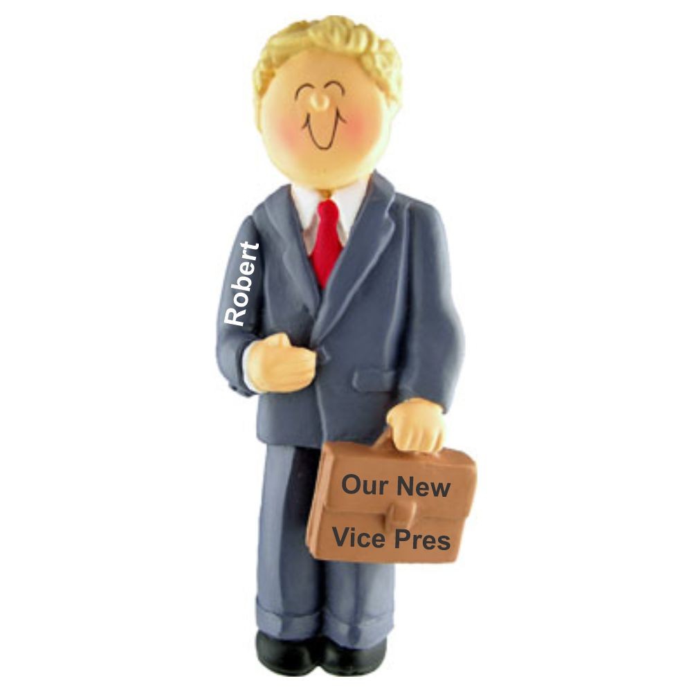 Job Promotion Gift Male Blond Christmas Ornament Personalized by Russell Rhodes