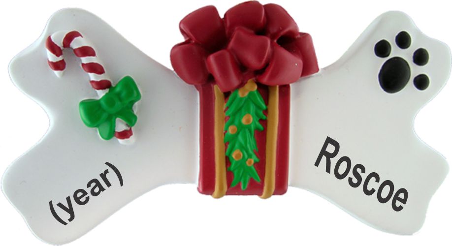 Dog Bone w/ Paw Print & Candy Cane Christmas Ornament Personalized by RussellRhodes.com
