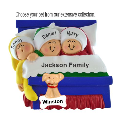 Christmas Morning Family of 3 Christmas Ornament with Pets Personalized by RussellRhodes.com