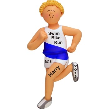 Triathlon Runner Male Blond Christmas Ornament Personalized by Russell Rhodes