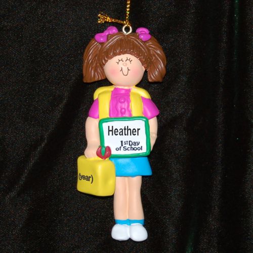 First Day of School, Female Brunette Christmas Ornament Personalized by Russell Rhodes