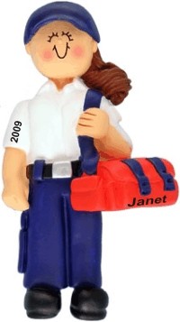 EMT, Female Brunette Christmas Ornament Personalized by Russell Rhodes