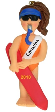Brunette Female Lifeguard Christmas Ornament Personalized by RussellRhodes.com