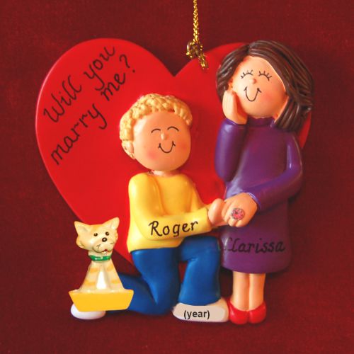 Engagement Christmas Ornament Blond Male Brunette Female wih Pets Personalized by RussellRhodes.com
