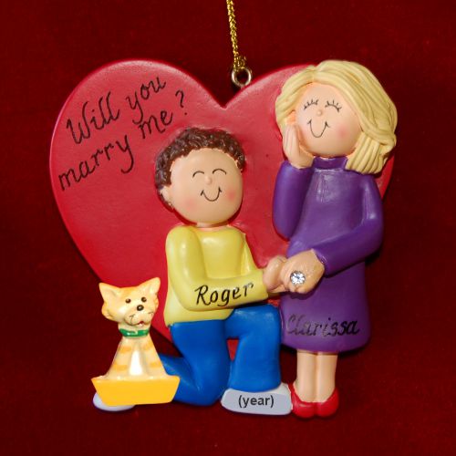 Engagement Christmas Ornament Brunette Male Blond Female wih Pets Personalized by RussellRhodes.com
