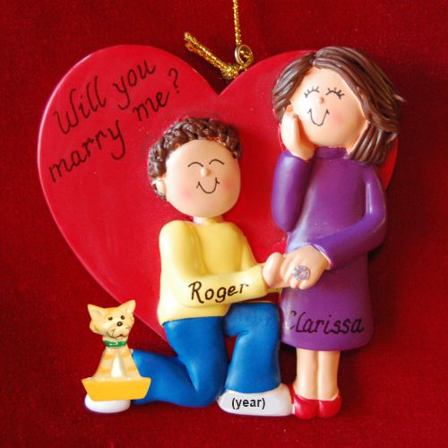 Marry me - Brunette Male and FemaleEngagement Christmas Ornament with Pets Personalized by RussellRhodes.com