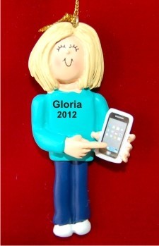 Blond Female with Smart Phone Christmas Ornament Personalized by Russell Rhodes
