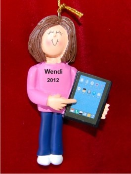 Brunette Female with Tablet Christmas Ornament Personalized by Russell Rhodes