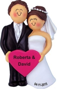 Newlyweds Male & Female Both Brunette Christmas Ornament Personalized by Russell Rhodes