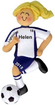 Soccer Dribbling Blue Uniform Female Blond Christmas Ornament Personalized by RussellRhodes.com
