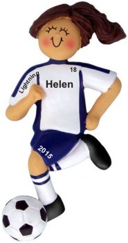 Soccer Dribbling Blue Uniform Female Brunette Christmas Ornament Personalized by Russell Rhodes