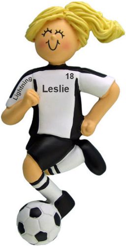 Soccer Christmas Ornament Blond Female Black Uniform Personalized by RussellRhodes.com