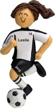 Soccer Dribbling Black Uniform Female Brunette Christmas Ornament Personalized by Russell Rhodes