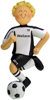 Soccer Dribbling Black Uniform Male Blond Christmas Ornament Personalized by Russell Rhodes