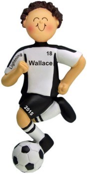 Soccer Dribbling Black Uniform Male Brunette Christmas Ornament Personalized by RussellRhodes.com