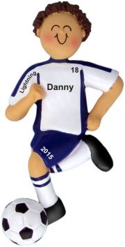 Soccer Dribbling Blue Uniform Male Bruneette Christmas Ornament Personalized by RussellRhodes.com