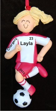 Blond Female Dribbling Soccer Player Christmas Ornament Personalized by RussellRhodes.com