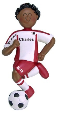 Male African American Dribbling Soccer Player Red Uniform Christmas Ornament Personalized by RussellRhodes.com