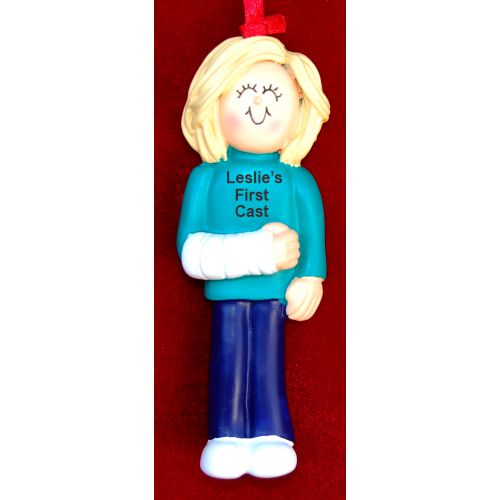 Cast on Arm Female Blond Christmas Ornament Personalized by Russell Rhodes