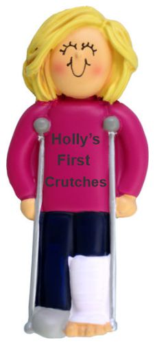Crutches Female Blond Christmas Ornament Personalized by RussellRhodes.com