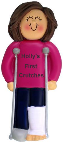 Crutches Female Brunette Christmas Ornament Personalized by RussellRhodes.com