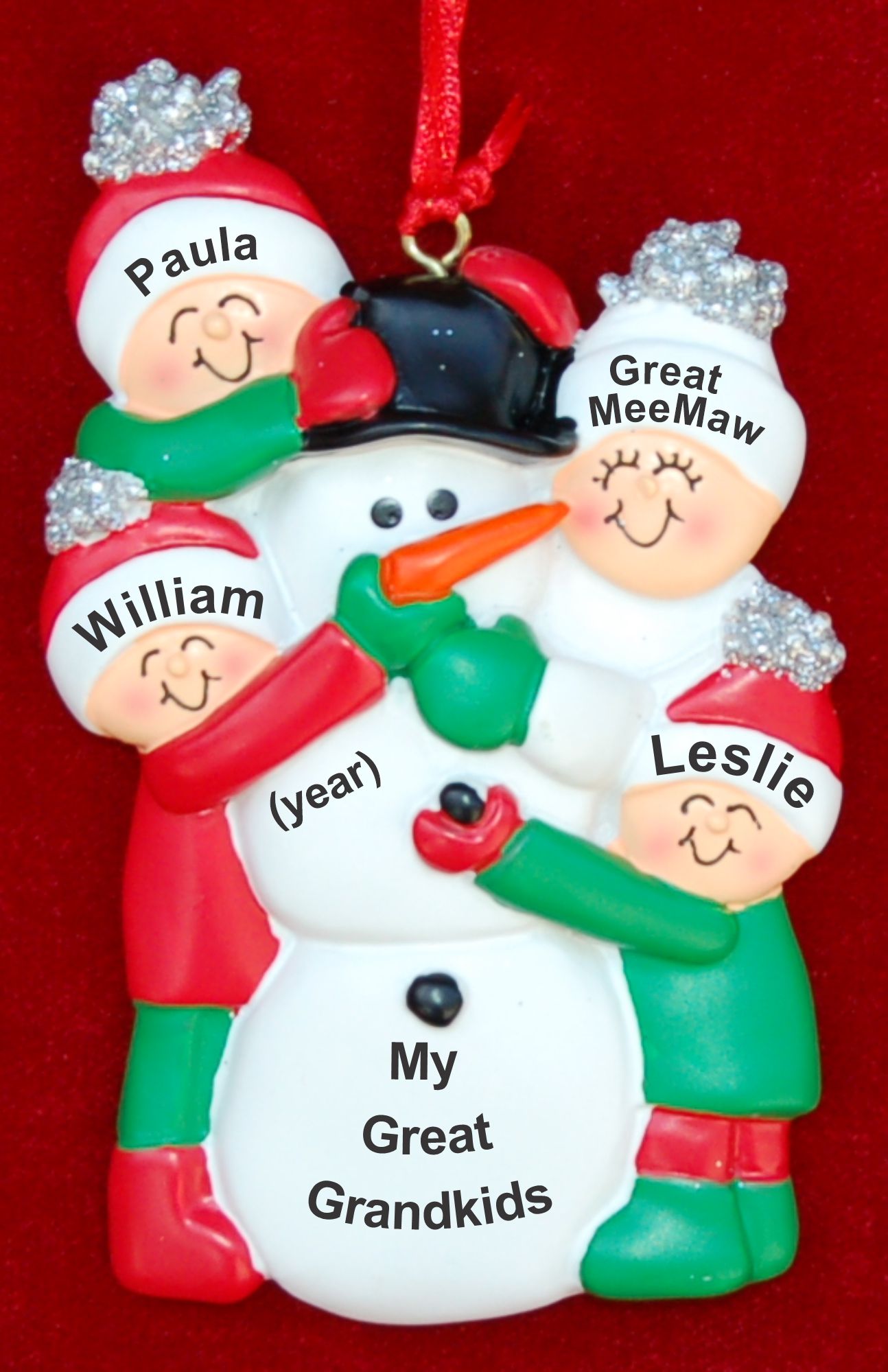 My 3 Great Grandkids with Great Grandmother Christmas Ornament Making Snowman Personalized by RussellRhodes.com
