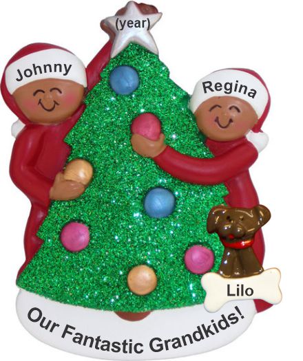2 Grandkids African American Christmas Ornament with Pets Personalized by RussellRhodes.com