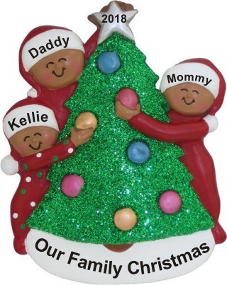Family Decorating Tree 3 African American Christmas Ornament Personalized by Russell Rhodes