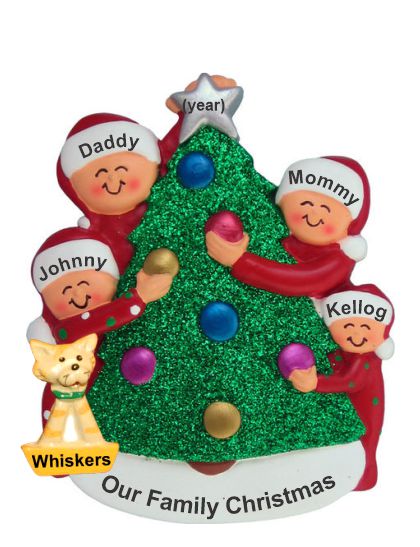 Family Decorating Tree 4 Christmas Ornament with Pets Personalized by Russell Rhodes