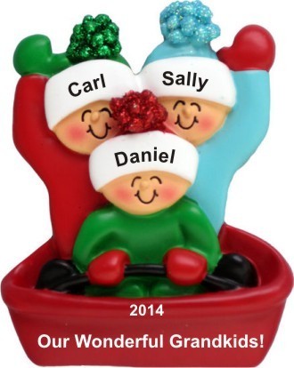 Adventures in Sledding 3 Grandkids Christmas Ornament Personalized by Russell Rhodes