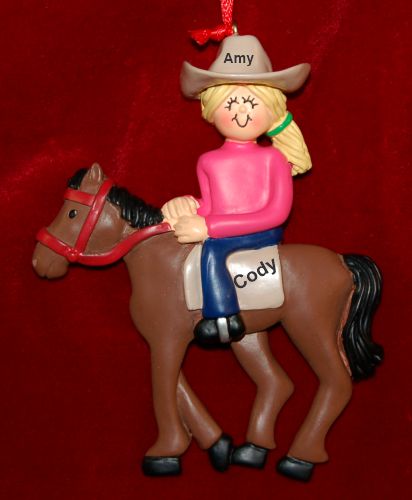 Horseback Fun Female Blond Christmas Ornament Personalized by Russell Rhodes