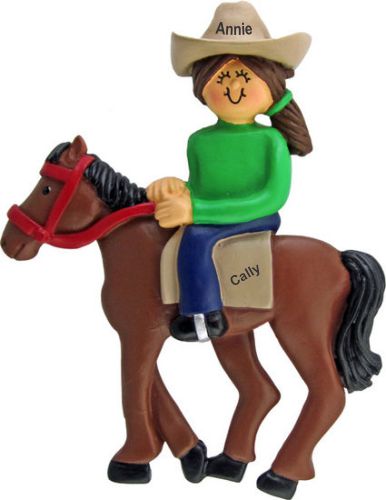 Horseback Fun Female Brown Christmas Ornament Personalized by Russell Rhodes